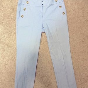 LOFT skinny ankle pants. Light blue, white pin stripe. Sailor button detailing.